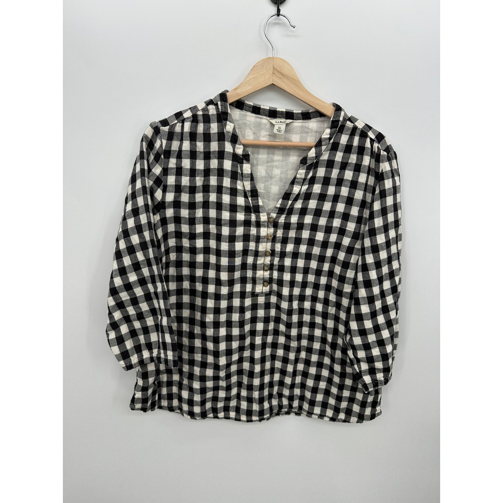 LL Bean Womens XL Black White Gingham‎ Cotton Henley 3/4 Sleeve Top